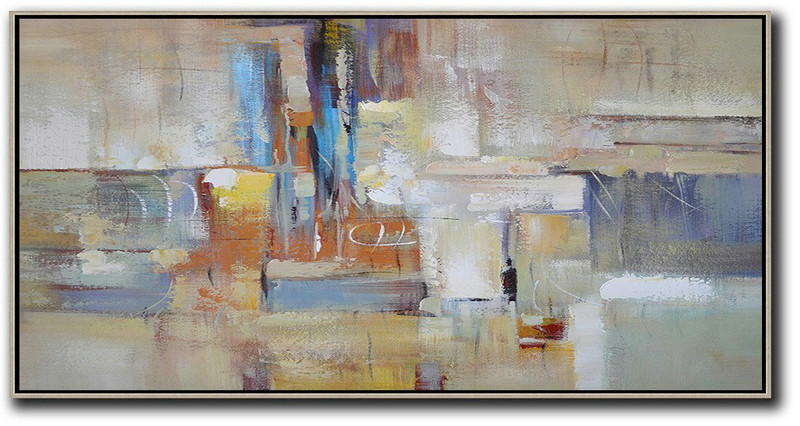 Abstract Artwork Online,Horizontal Palette Knife Contemporary Art,Hand-Painted Canvas Art Earthy Yellow,Blue,White,Brown